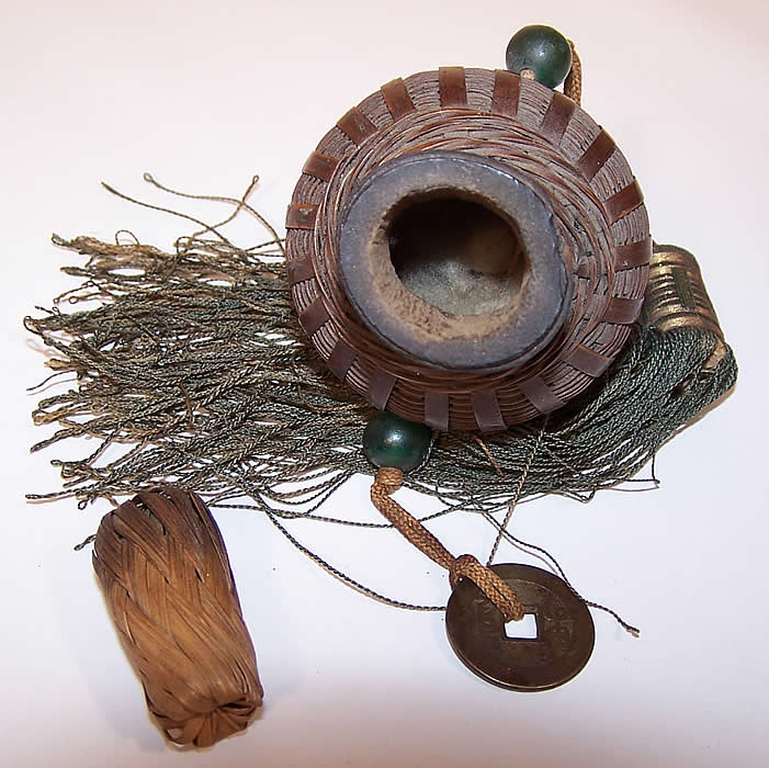 Antique Chinese Coin Jade Bead Tassel Wicker Basket Scent Perfume Herb Bottle Purse inside view.