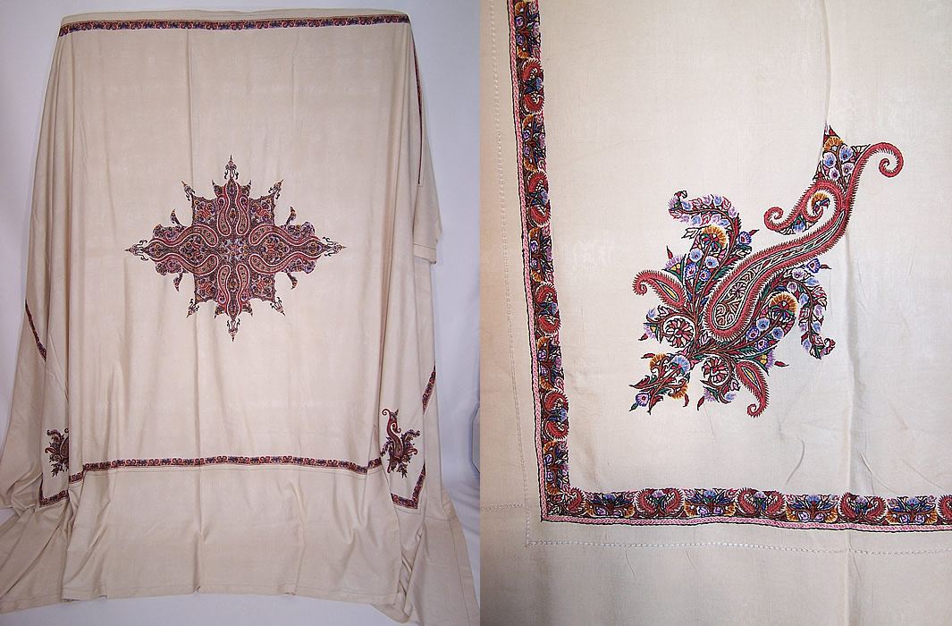 Antique Paisley Silk Hand Embroidered Linen Banquet Tablecloth