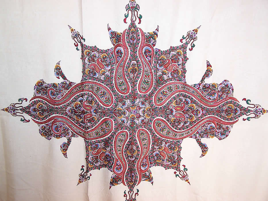 Antique Paisley Silk Hand Embroidered Linen Banquet Tablecloth close up