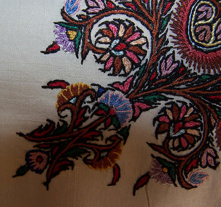  Antique Paisley Silk Hand Embroidered Linen Banquet Tablecloth very close up.