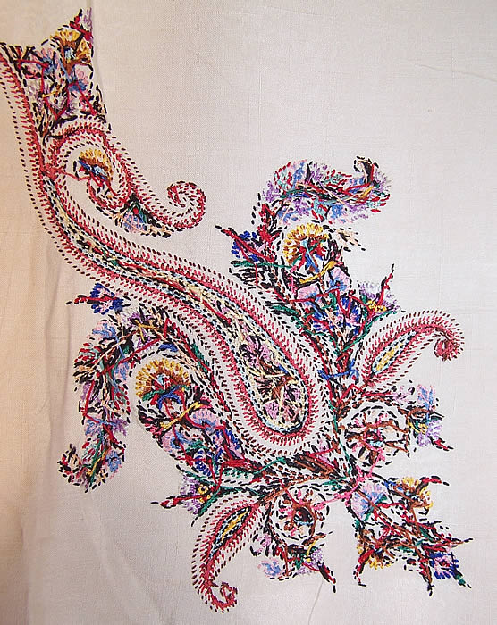 Antique Paisley Silk Hand Embroidered Linen Banquet Tablecloth back view