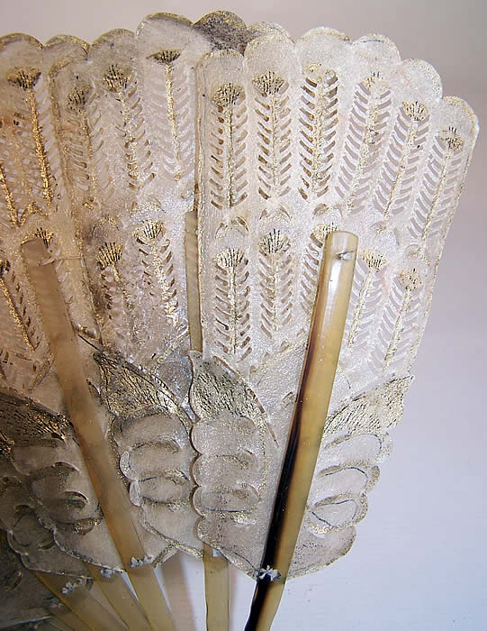 Antique Vellum Gold Leaf Pierced Butterfly Indonesian Java Brise Fan close up