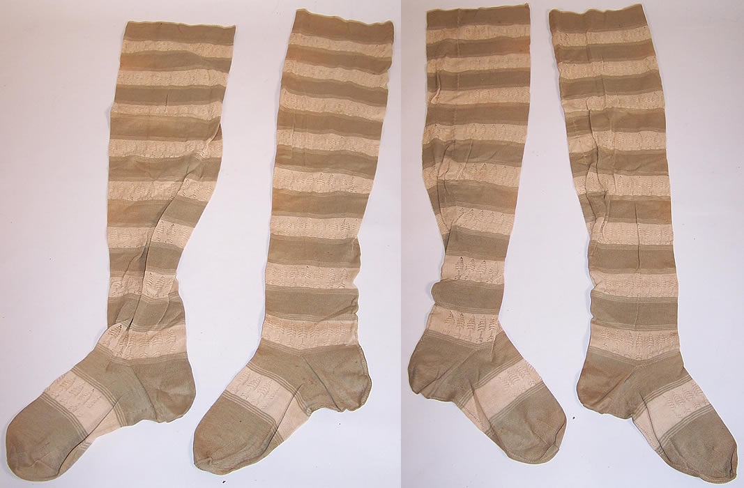 Victorian Ladies Green & White Striped Tree Thigh High Garter Stockings Socks both sides