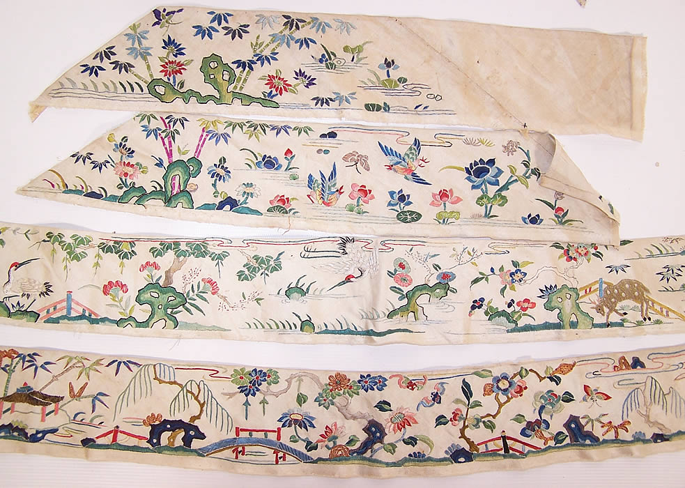 Antique Chinese Crane Bird Butterfly Deer Silk Embroidered Robe Trim