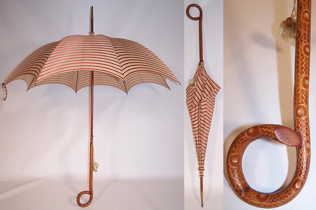 Edwardian Ecru Linen Red Silk Stripe Carved Wood Handle Summer Parasol