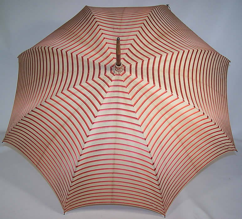Edwardian Ecru Linen Red Silk Stripe Carved Wood Handle Summer Parasol
