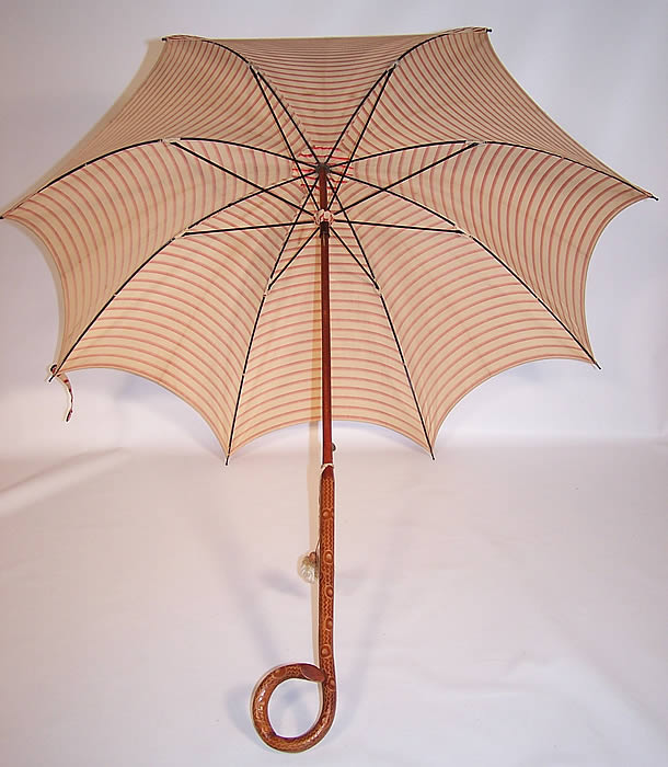 Edwardian Ecru Linen Red Silk Stripe Carved Wood Handle Summer Parasol