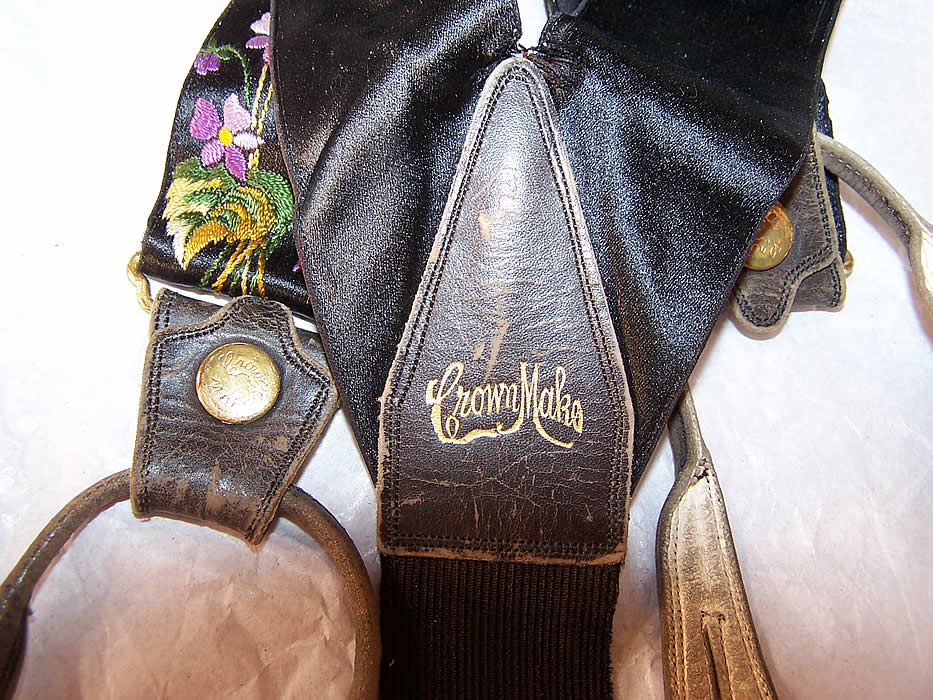 Victorian Crown Make Violet Embroidered Mourning Braces Suspenders close up.