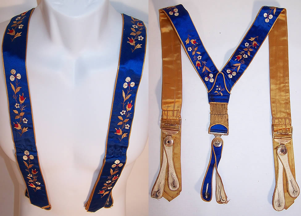 Victorian Walker's Blue & Gold Silk Embroidered Braces Suspenders