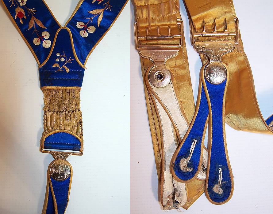 Victorian Walker's Blue & Gold Silk Embroidered Braces Suspenders close ups