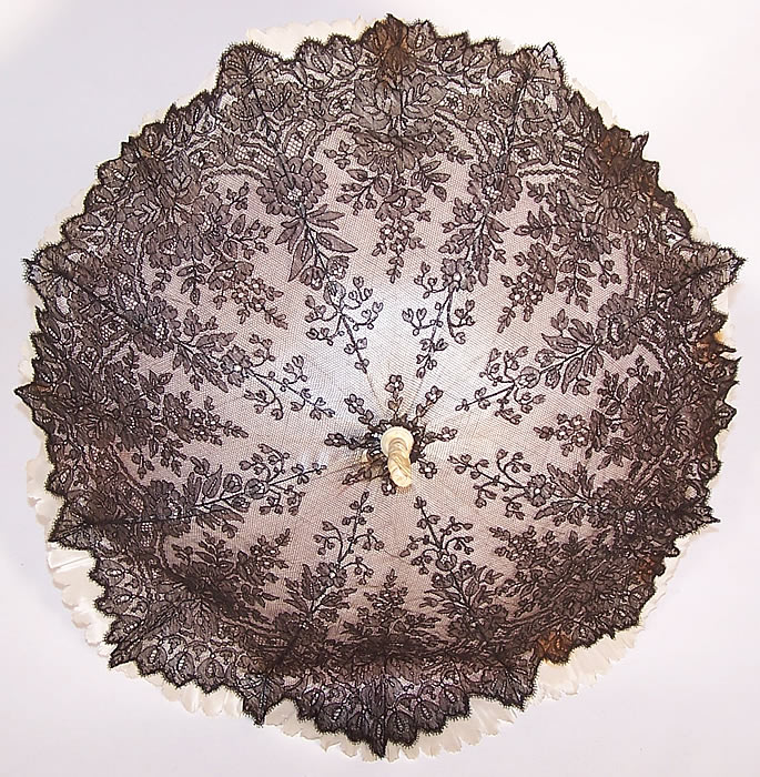 Victorian Antique Black Chantilly Lace Carved Masonic Eye of God Handle Parasol
