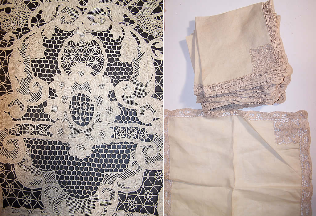 Antique Point de Venise Lace Cutwork Banquet Tablecloth with 12 Napkins