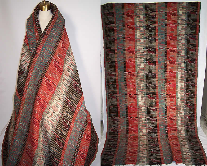 Victorian Antique Jacquard Hand Loom Wool Paisley Striped Shawl