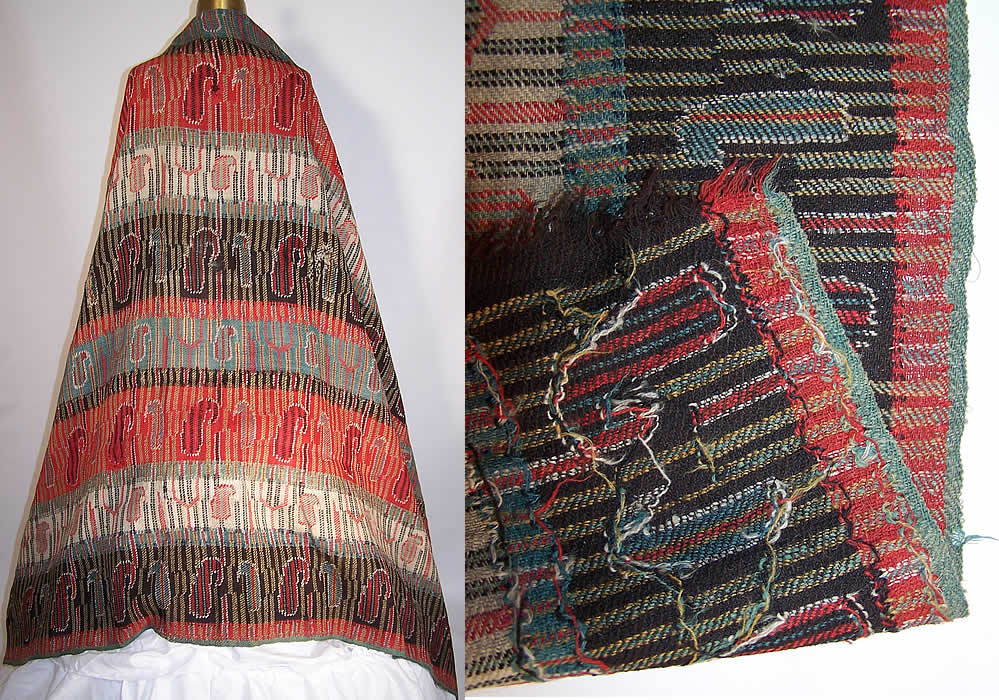Victorian Antique Jacquard Hand Loom Wool Paisley Striped Shawl