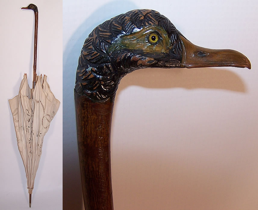 Edwardian White Eyelet Linen Carved Wood Duck Handle Parasol