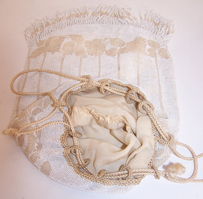 Antique White Cream Floral Fringe Beaded Drawstring Flapper Bag Purse