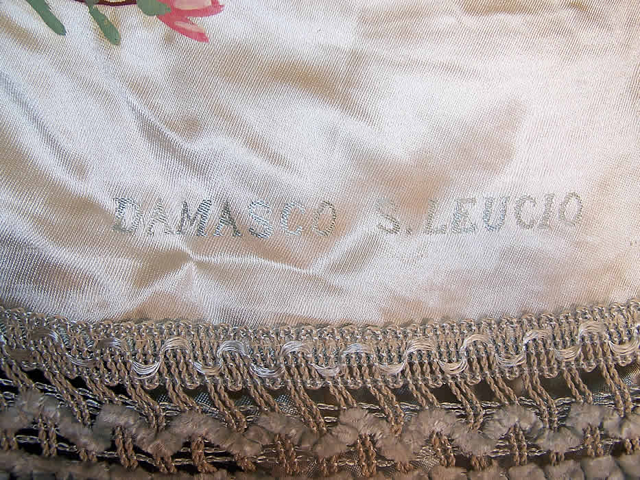Antique Damasco S. Leucio Italian Damask Hand Painted Putti Peacock Bedspread signature close up.