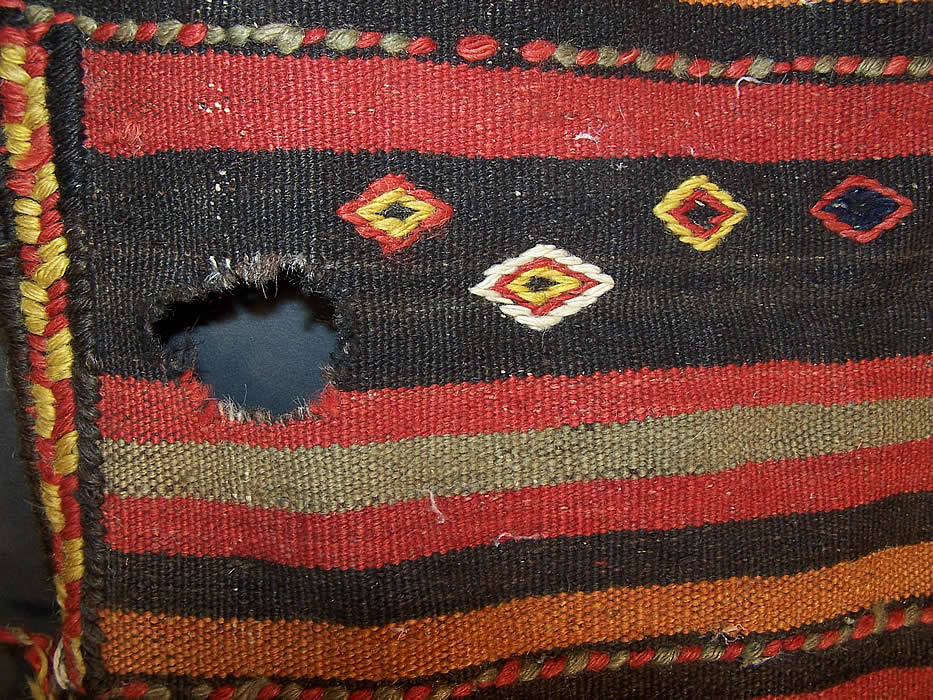 Antique Baluch Khorjin Camel Donkey Double Saddlebag Pair Woven Kilims close up.