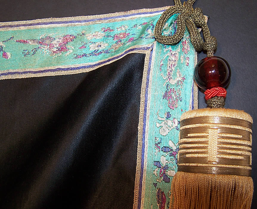 Antique Chinese Silk Large Beaded Tassel Trim Mahjong Game Table Cloth Cover close up