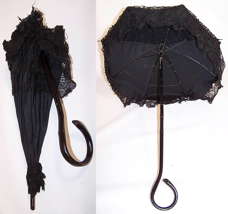Victorian Civil War Black Silk Lace Ebony Folding Handle Marquis Mourning Parasol