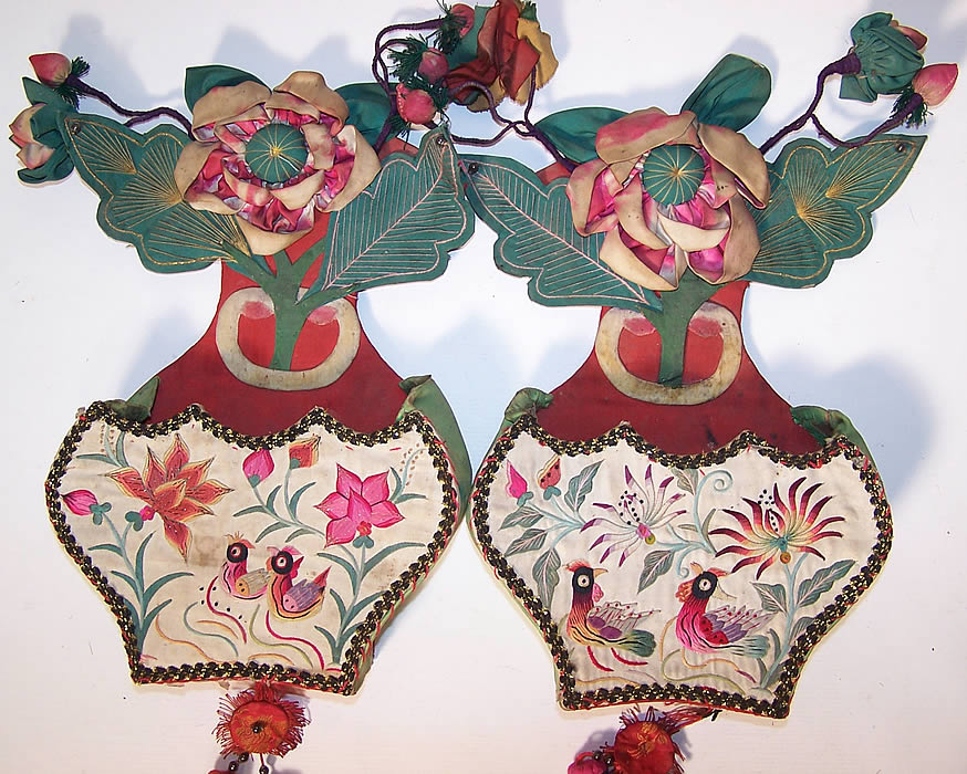 Antique Chinese Silk Embroidered Wedding Bed Bottle Vase Wall Hangings