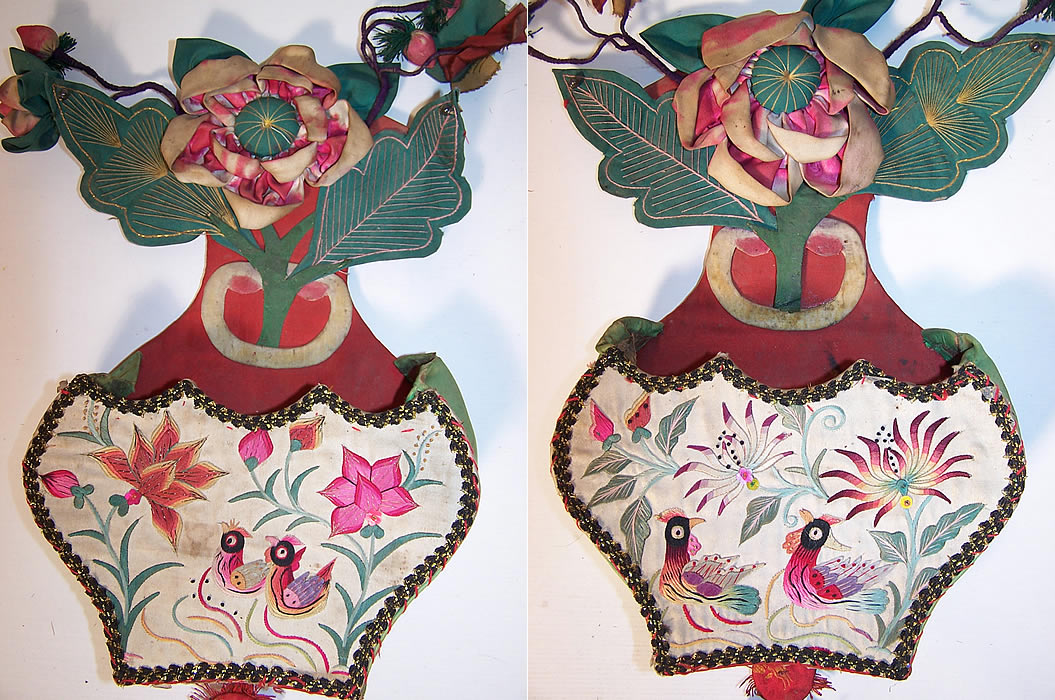 Antique Chinese Silk Embroidered Wedding Bed Bottle Vase Wall Hangings