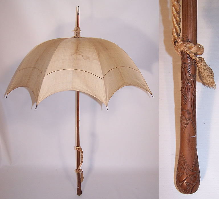 Edwardian Ecru Raw Silk Carved Wood Handle Summer Pagoda Parasol