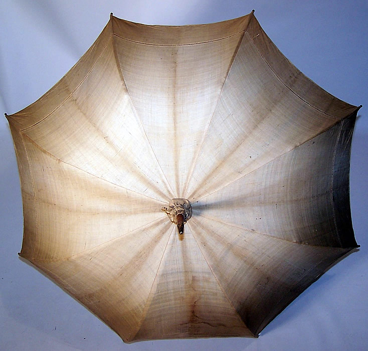 Edwardian Ecru Raw Silk Carved Wood Handle Summer Pagoda Parasol