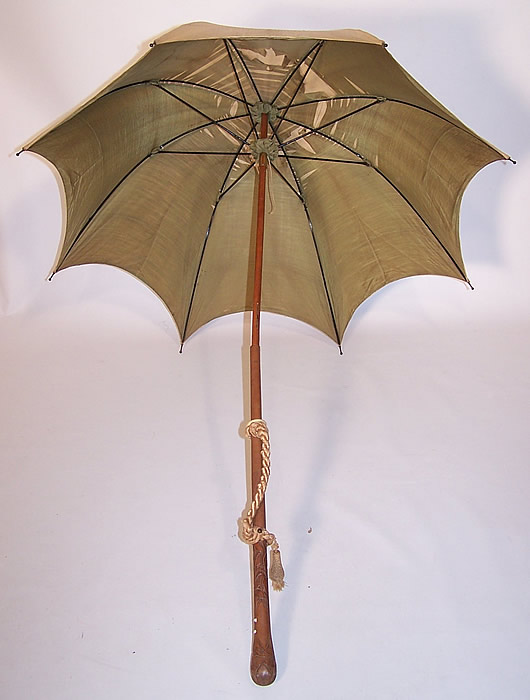 Edwardian Ecru Raw Silk Carved Wood Handle Summer Pagoda Parasol