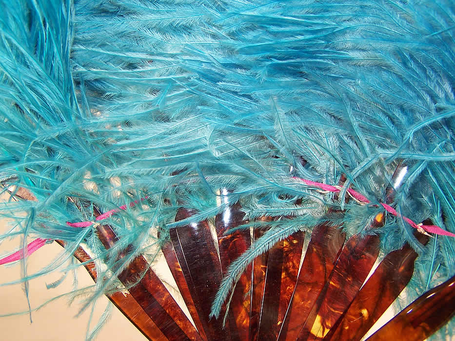Antique Large Plume Turquoise Blue Ostrich Feather Fan close up