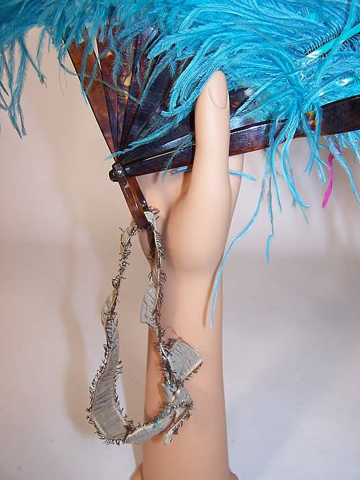 Antique Large Plume Turquoise Blue Ostrich Feather Fan 