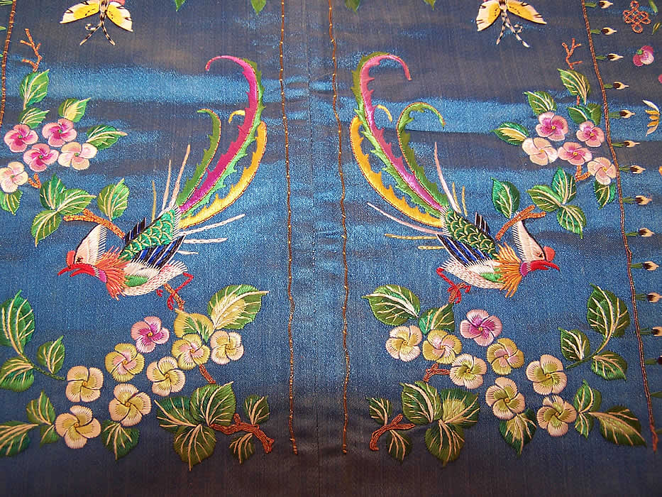 Antique Chinese Birds Silk Embroidered Robe Sleeve Band Cuff Pair Purse Bag