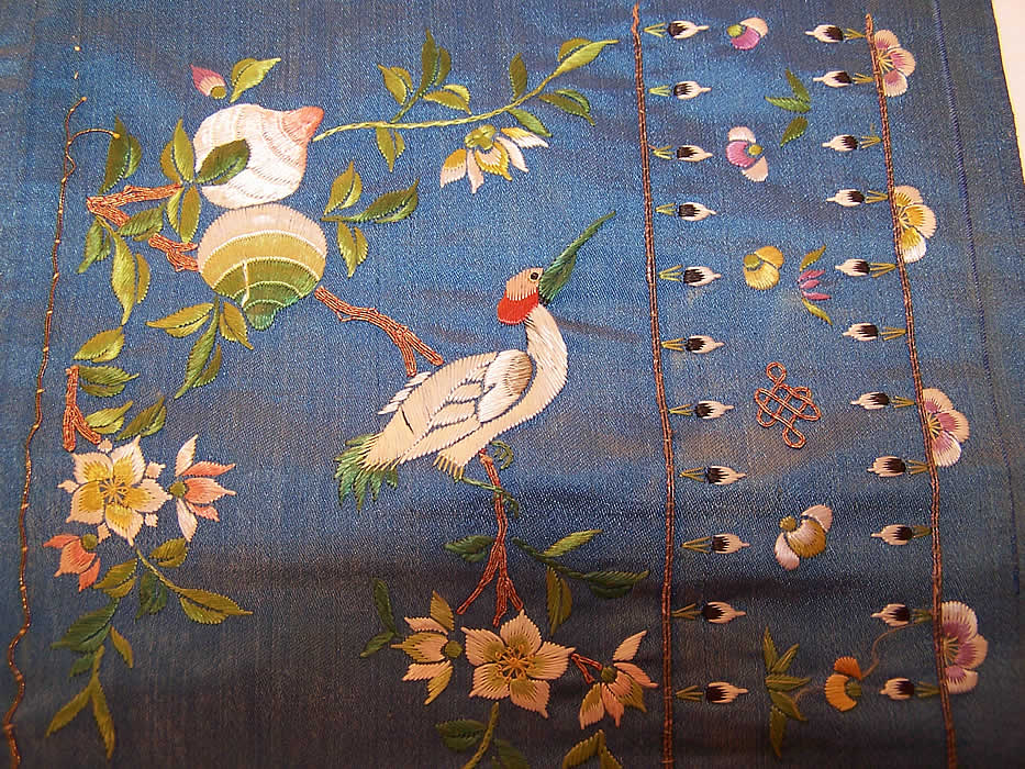 Antique Chinese Birds Silk Embroidered Robe Sleeve Band Cuff Pair Purse Bag