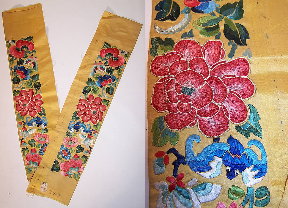 Antique Chinese Silk Embroidered Forbidden Stitch Peony Robe Sleeve Band Cuffs Pair