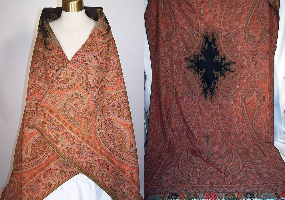 Victorian Antique Large Banquet Size Jacquard Loom Wool Paisley Shawl