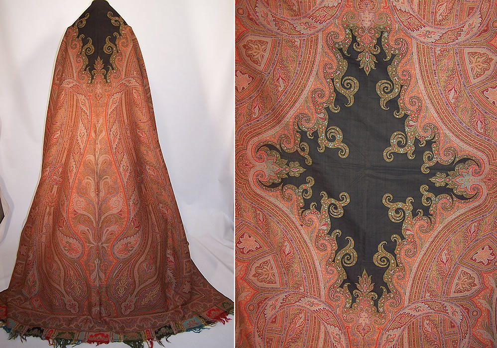 Victorian Antique Large Banquet Size Jacquard Loom Wool Paisley Shawl