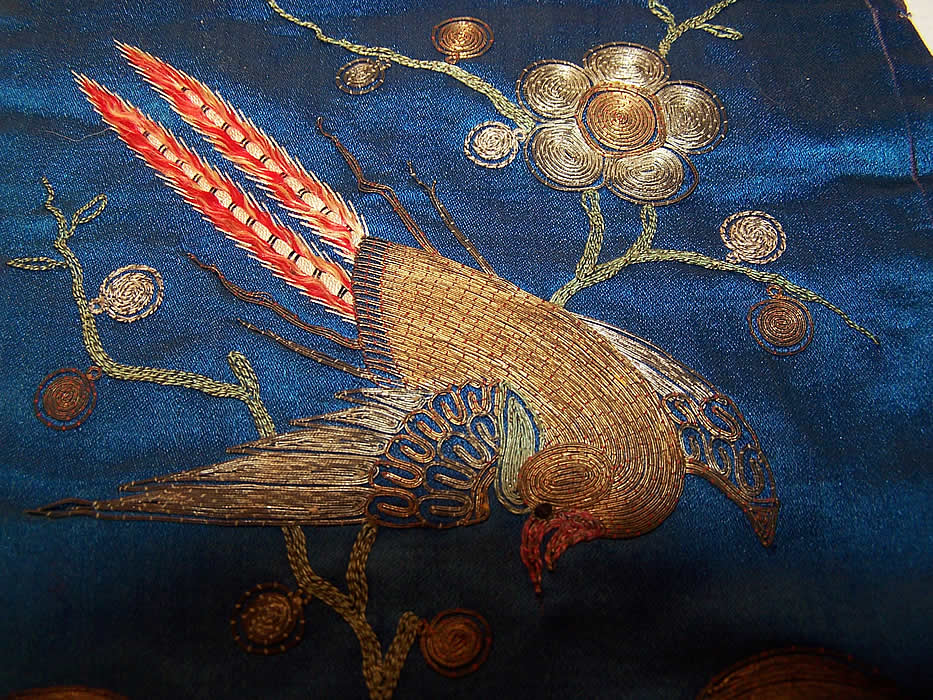 Antique Chinese Silk Couching Embroidered Pheasant Opium Pipe Pouch Purse Bag