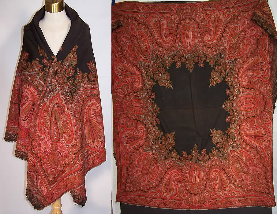 Victorian Antique Jacquard Hand Loom Wool Black Star Center Paisley Shawl