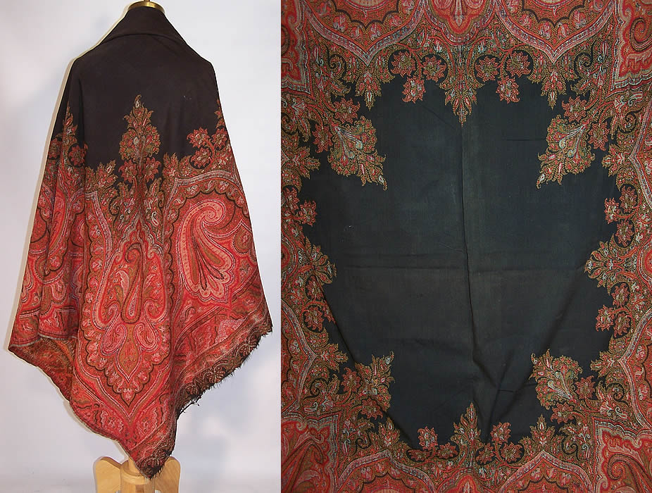 Victorian Antique Jacquard Hand Loom Wool Black Star Center Paisley Shawl