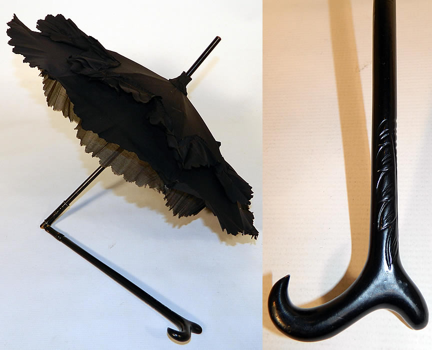 Victorian Civil War Black Silk Ebony Folding Handle Marquis Mourning Parasol