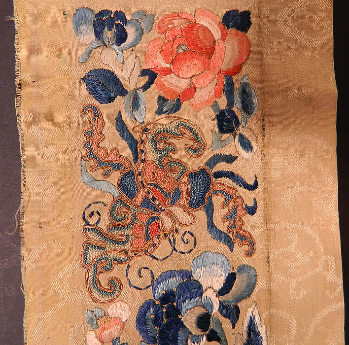 Antique Chinese Yellow Silk Embroidered Forbidden Stitch Robe Sleeve Band Cuffs Pair