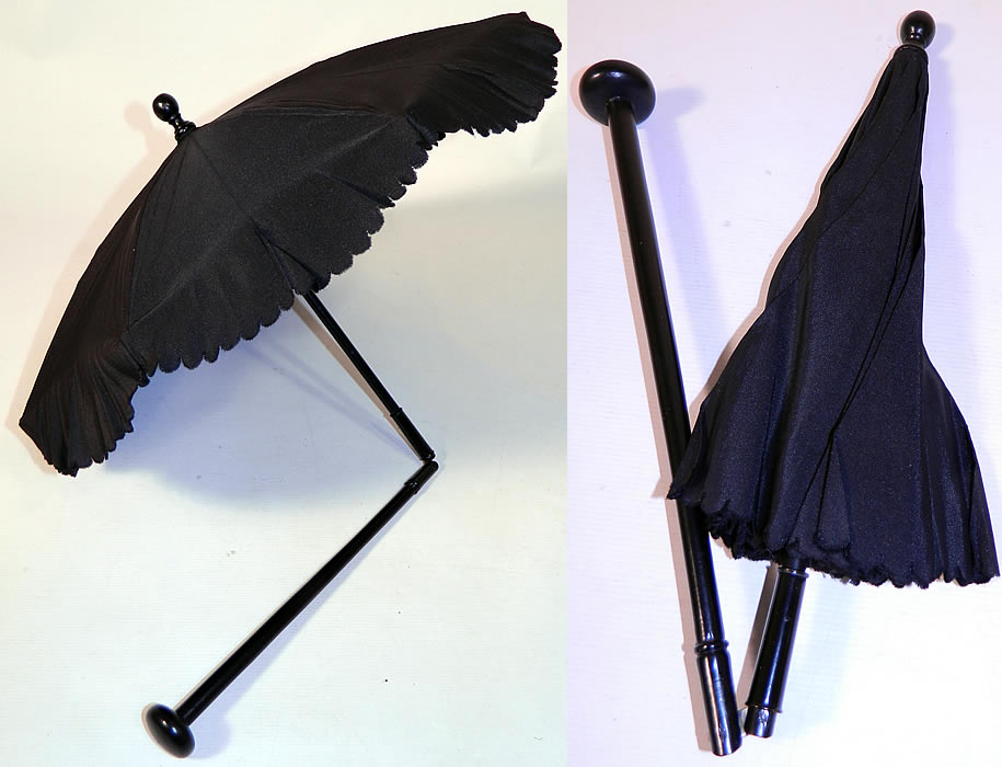 Victorian Civil War Black Silk Ebony Folding Handle Marquis Mourning Parasol