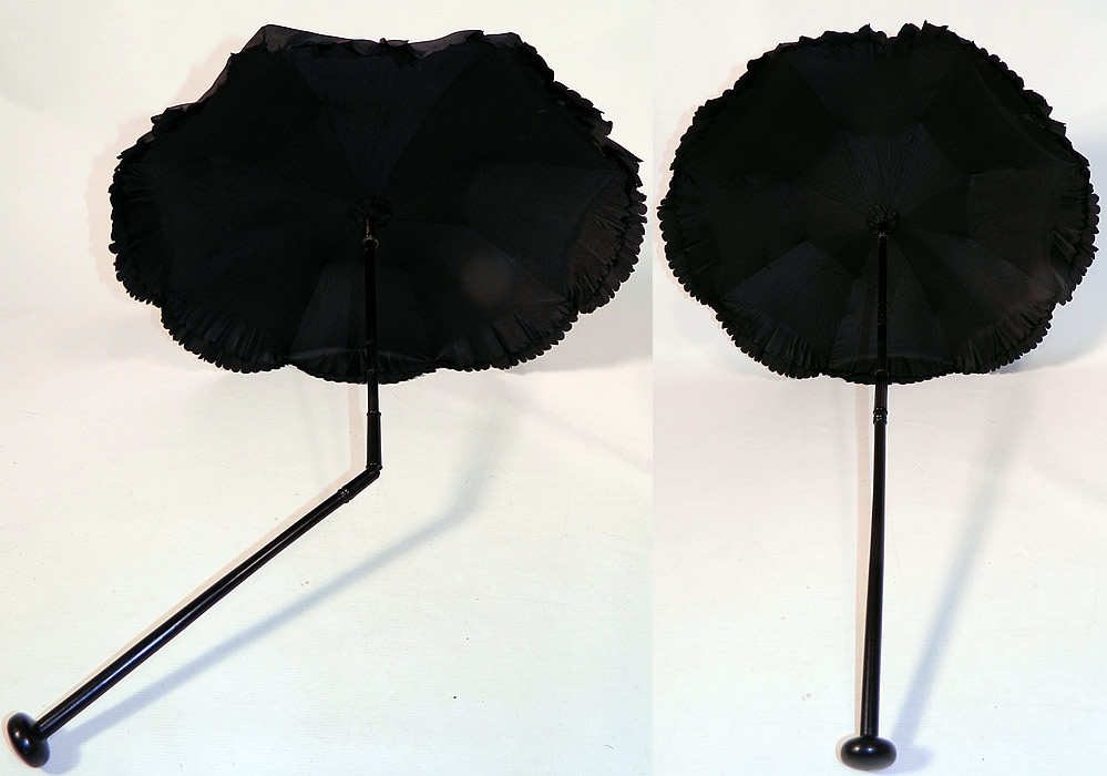 Victorian Civil War Black Silk Ebony Folding Handle Marquis Mourning Parasol