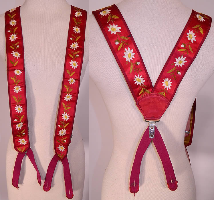 Victorian Mens Red Silk Embroidered Daisy Braces Suspenders