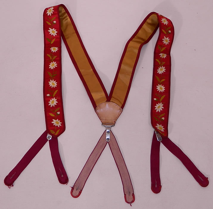 Victorian Mens Red Silk Embroidered Daisy Braces Suspenders
