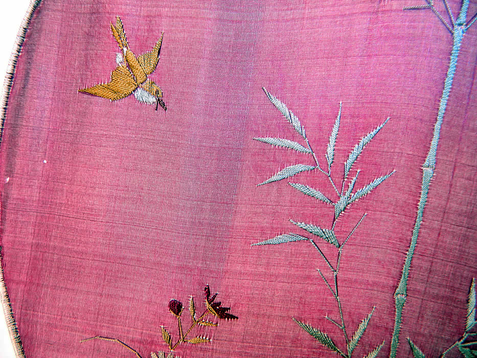 Antique Japanese Sparrow Bird Silk Embroidered Handscreen Fixed Fan is an antique Japanese sparrow bird silk embroidered handscreen fixed fan dates from 1910.
