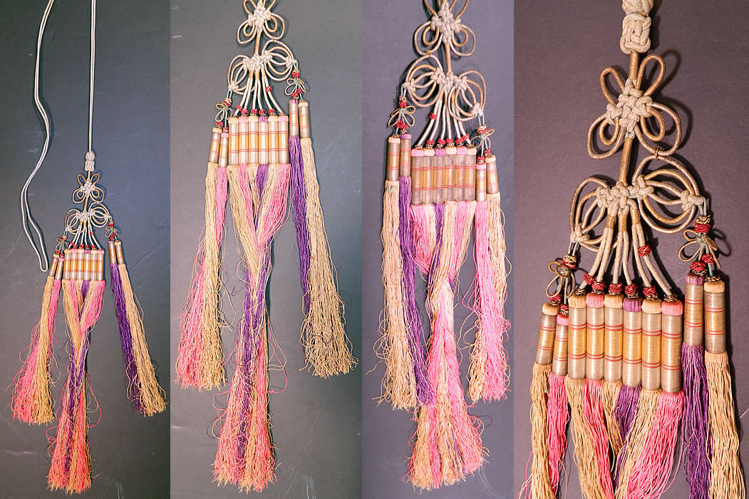 Antique Chinese Colorful Gold Wrapped Knotted Silk Fringe Tassel Trim. It is hand stitched and made of colorful pastel silk fringe tassels wrapped in gold metallic thread and knotted decorative design. 