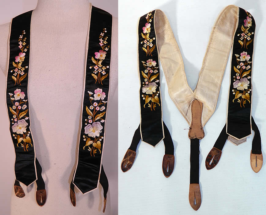 Victorian Pansy Forget Me Not Black Silk Embroidered Mourning Braces Suspenders. These antique Victorian era pansy forget me not black silk embroidered mourning braces suspenders date from 1880. They are made of black silk, with purple and pink pansy, forget me not flowers done in raised padded satin stitch hand embroidery work.