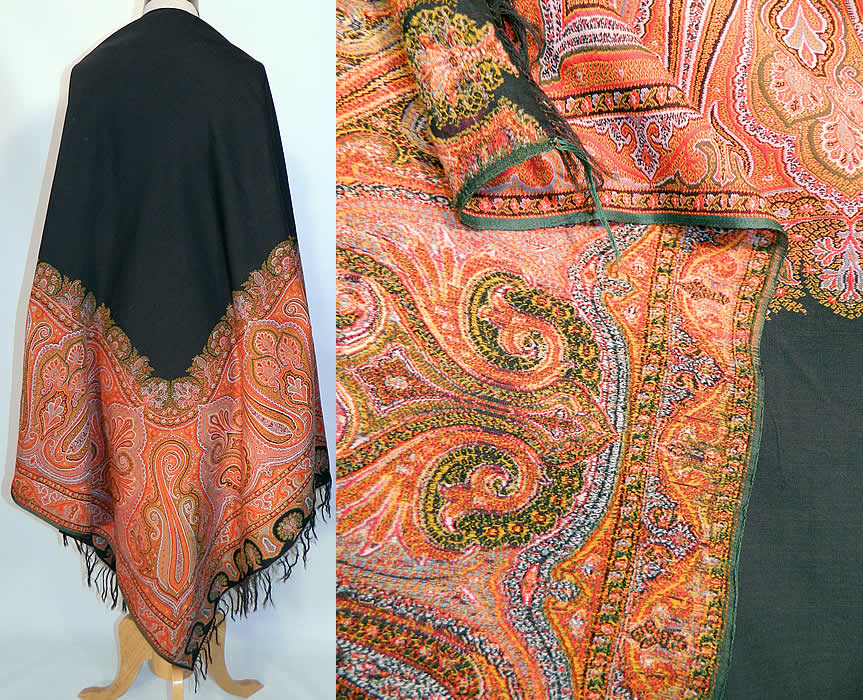 Victorian Antique Jacquard Loom Wool Large Black Square Center Paisley Shawl. The square shawl measures 68 by 68 inches. It is in good condition, with no holes or repairs. This is a wonderful piece of wearable antique paisley textile art!