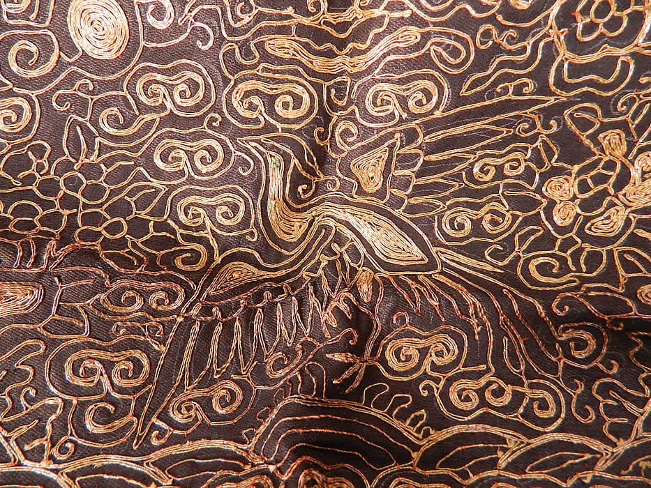 Antique Chinese Gold Couching Paradise Flycatcher Bird 9th Rank Badge Pair. This unused pair of badges are attached at the bottom and would have been folded, sewn together made into a purse or pillow, perhaps for the tourist market. It is fully lined backed inside in blue silk, with black ink Chinese characters and dated 1923. Each badge measures 10 1/2 by 10 1/2 inches and is in good unused condition. 
